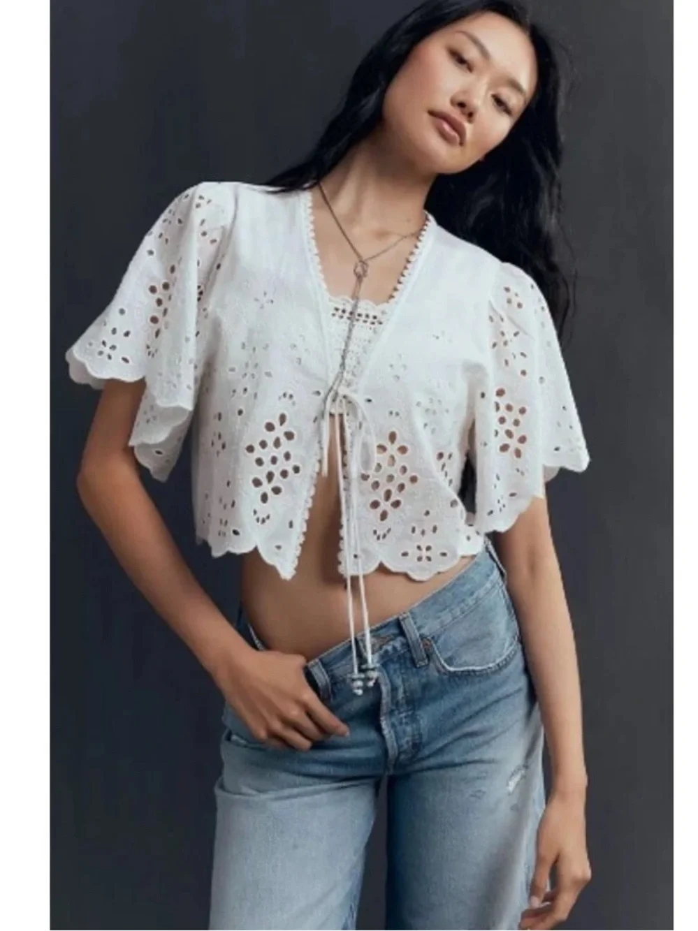 Anthropologie Maeve Tie-Front Eyelet Crop Blouse White Cotton OS